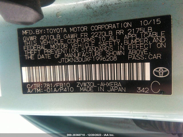 Toyota Prius Two 2015 JTDKN3DUXF1996208 Image 9
