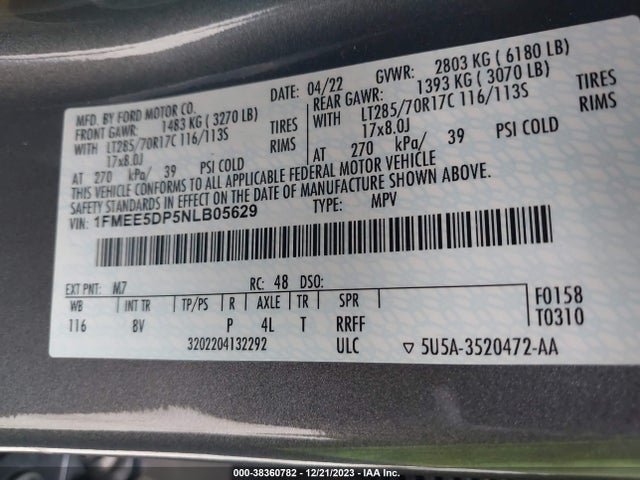 2022 FORD BRONCO BADLANDS VIN: 1FMEE5DP5NLB05629