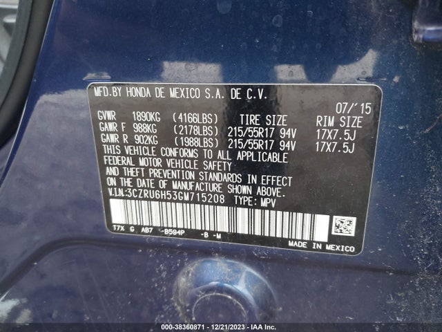 Honda HR-V EX 2016 3CZRU6H53GM715208 Image 9
