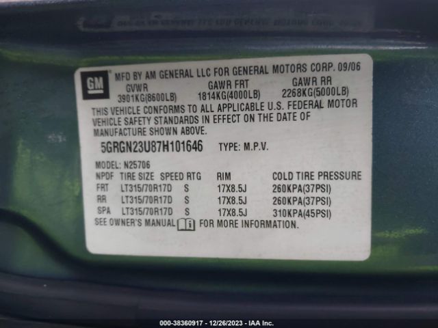 2007 HUMMER H2 SUV 5GRGN23U87H101646 Photo 8