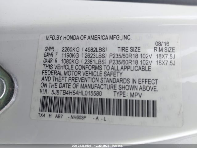 5J8TB4H54HL015580 Acura Rdx Technology Pkg/w/technology/acurawatch Plus Pkg