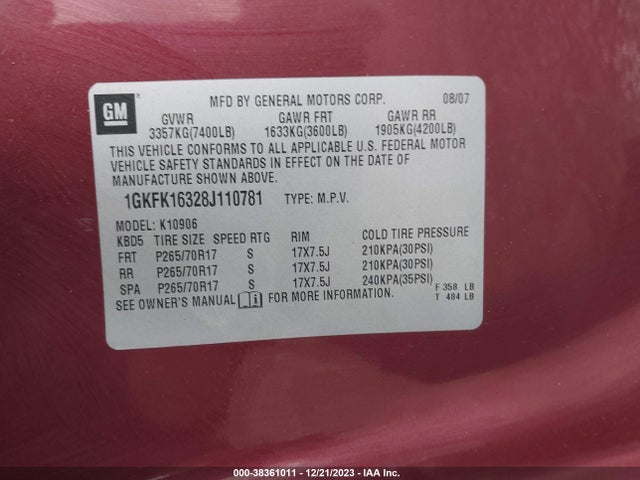 2008 Gmc Yukon Xl 1500 Slt მანქანა იყიდება აუქციონზე, vin: 1GKFK16328J110781, აუქციონის ნომერი: 38361011