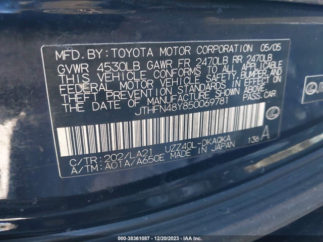 Продажа на аукционе авто 2005 Lexus Sc 430, vin: JTHFN48Y850069781, номер лота: 38361087