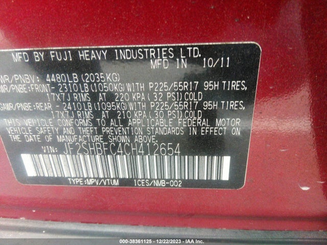 2012 SUBARU FORESTER 2.5X LIMITED VIN: JF2SHBFC4CH412654