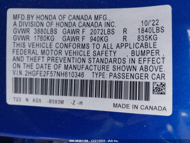 2022 HONDA CIVIC SPORT VIN: 2HGFE2F57NH610346
