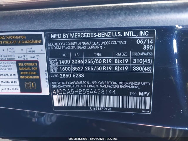 Продажа на аукционе авто 2014 Mercedes-benz Ml 350 4matic, vin: 4JGDA5HB5EA428144, номер лота: 38361290