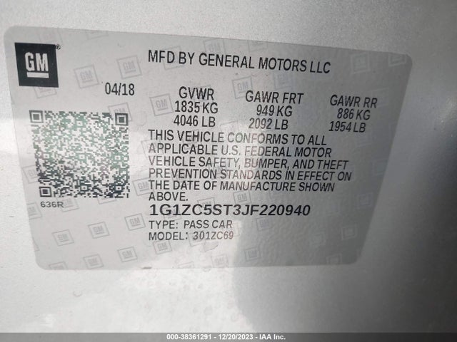 2018 CHEVROLET MALIBU 1FL VIN: 1G1ZC5ST3JF220940
