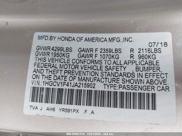 2018 HONDA ACCORD EX VIN: 1HGCV1F41JA215902