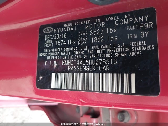 2017 HYUNDAI ACCENT SE VIN: KMHCT4AE5HU278513