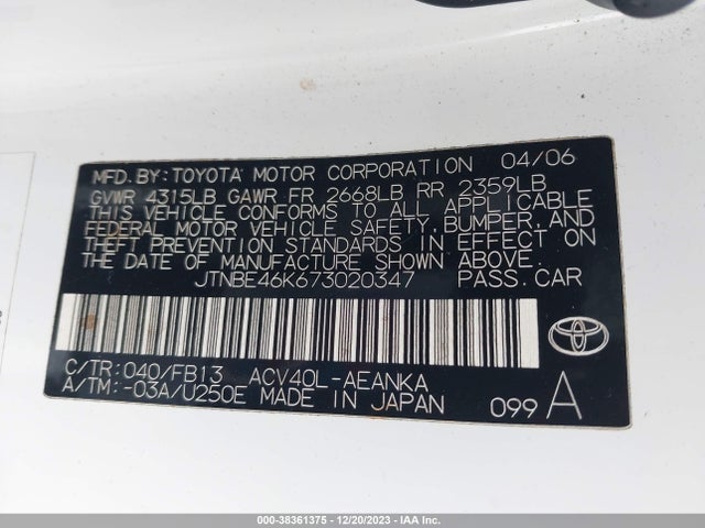 2007 TOYOTA CAMRY CE/LE/SE/XLE VIN: JTNBE46K673020347