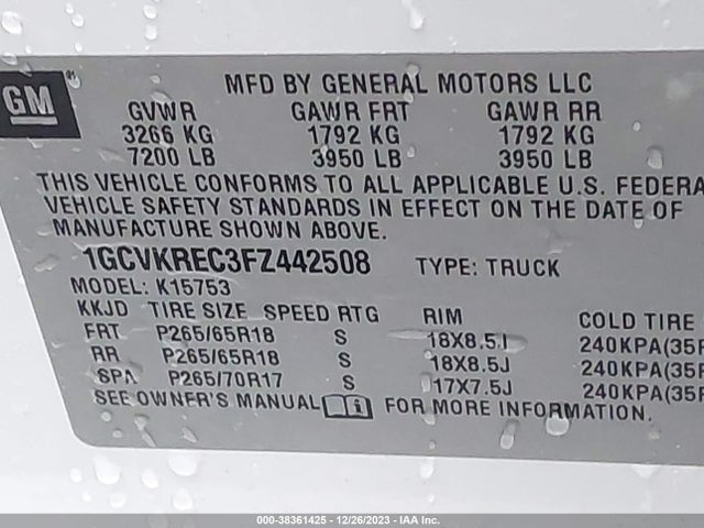 2015 CHEVROLET SILVERADO 1500 1LT VIN: 1GCVKREC3FZ442508