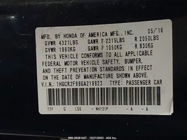 1HGCR2F99GA219923 Honda Accord Ex-l