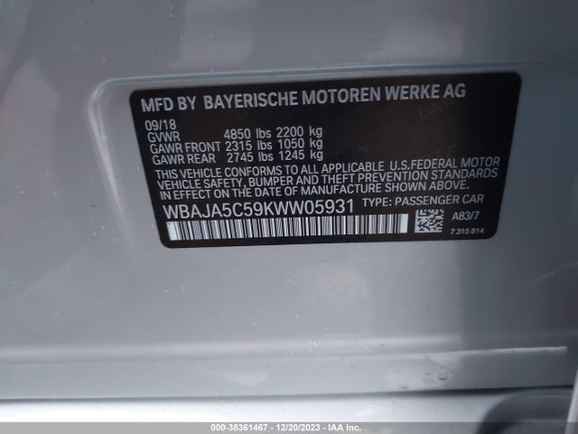 BMW 530I 2019 WBAJA5C59KWW05931 Image 9