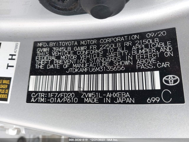 2021 TOYOTA PRIUS LE VIN: JTDKAMFU6M3135656