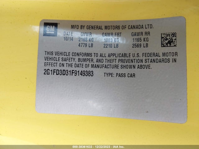 Chevrolet Camaro 1lt 2015 2G1FD3D31F9149383 Image 9