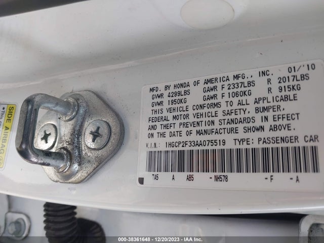 2010 HONDA ACCORD 2.4 LX VIN: 1HGCP2F33AA075519