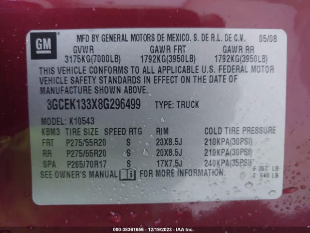 2008 CHEVROLET SILVERADO 1500 LT1 VIN: 3GCEK133X8G296499