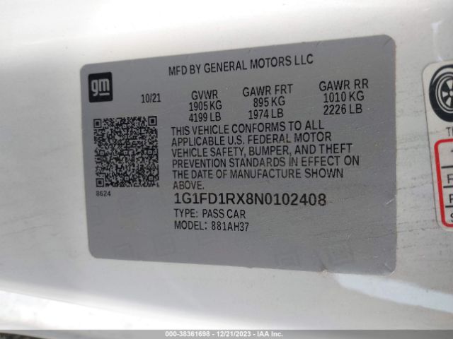 1G1FD1RX8N0102408 Chevrolet Camaro Rwd  2lt