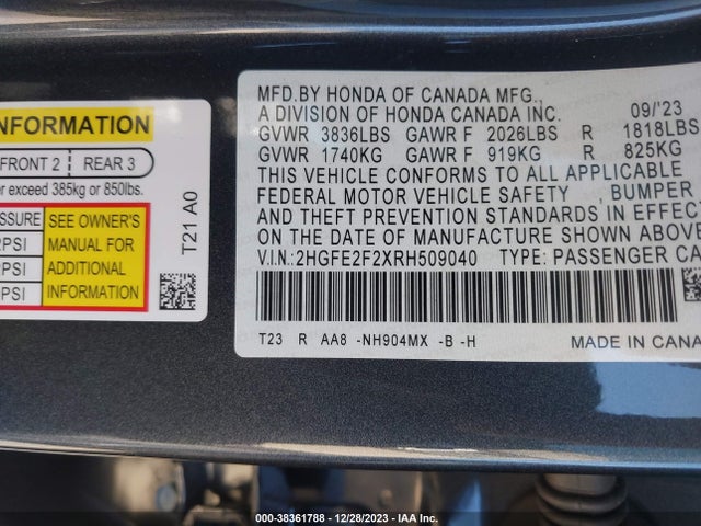 Honda Civic Lx 2024 2HGFE2F2XRH509040 Image 9