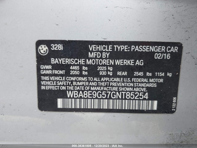 2016 BMW 328I VIN: WBA8E9G57GNT85254