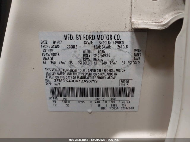 2007 FORD EDGE SEL PLUS VIN: 2FMDK49C67BA96799
