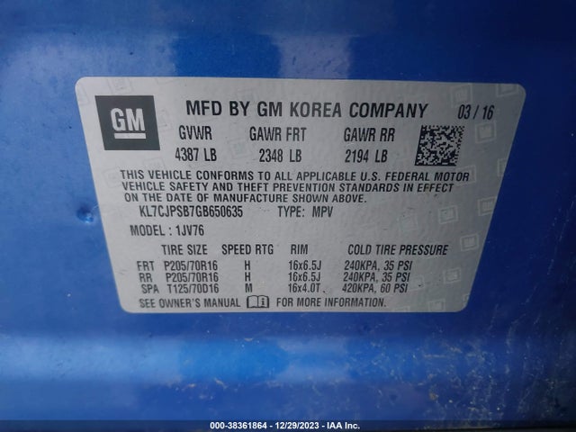Chevrolet Trax Lt 2016 KL7CJPSB7GB650635 Image 9