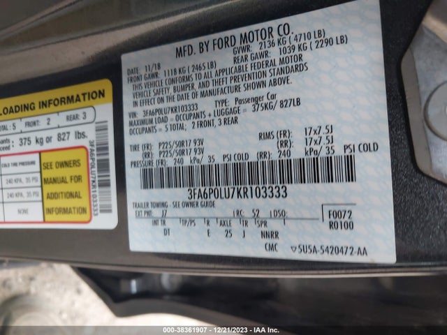 Ford Fusion Hybrid Se 2019 3FA6P0LU7KR103333 Image 9