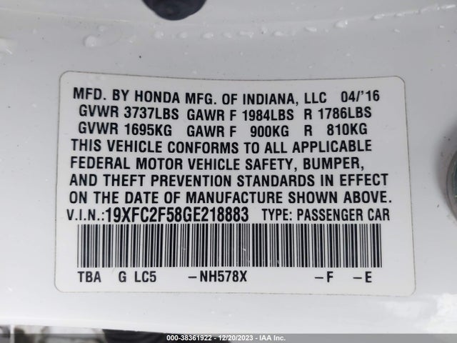 Honda Civic Lx 2016 19XFC2F58GE218883 Image 9