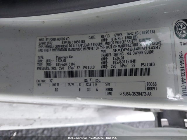 2014 FORD FIESTA SE VIN: 3FADP4BJ4EM114247