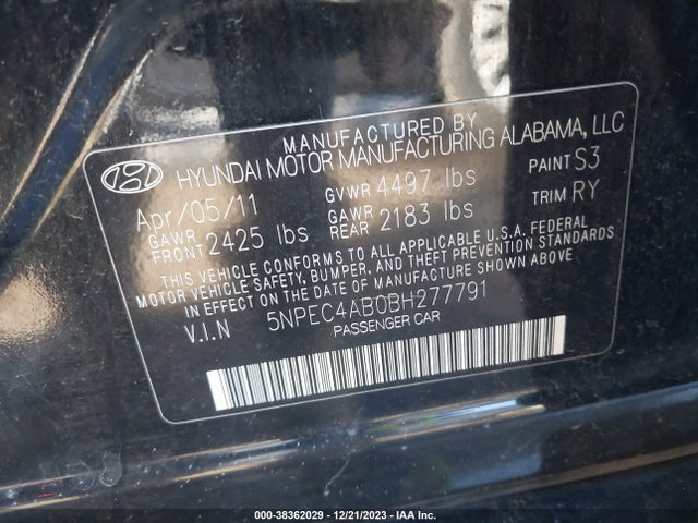 2011 HYUNDAI SONATA SE 2.0T VIN: 5NPEC4AB0BH277791