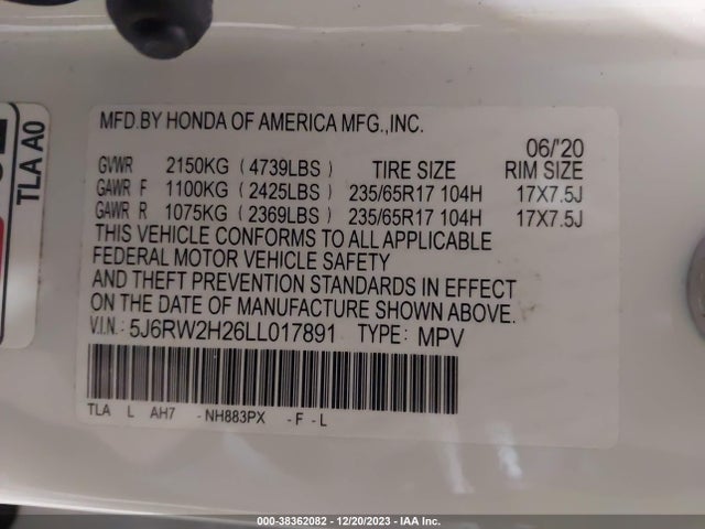 Honda Cr-v Awd Lx 2020 5J6RW2H26LL017891 Image 9