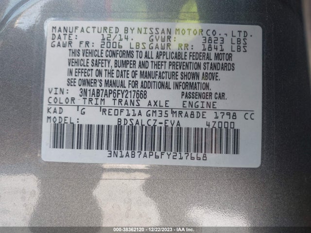 2015 NISSAN SENTRA S VIN: 3N1AB7AP6FY217668