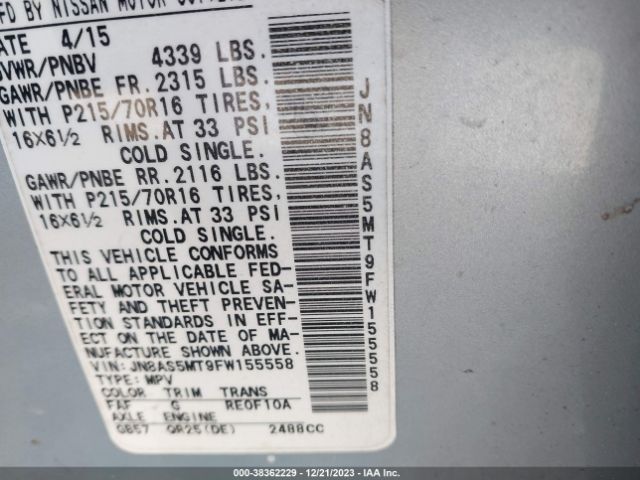 JN8AS5MT9FW155558 Nissan Rogue Select S