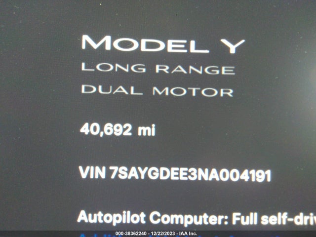 Auction sale of the 2022 Tesla Model Y Long Range Dual Motor All-wheel Drive, vin: 7SAYGDEE3NA004191, lot number: 38362240