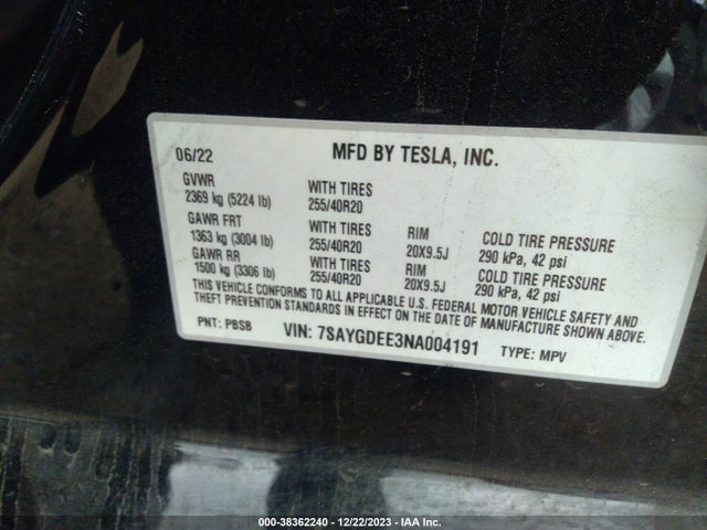Auction sale of the 2022 Tesla Model Y Long Range Dual Motor All-wheel Drive, vin: 7SAYGDEE3NA004191, lot number: 38362240
