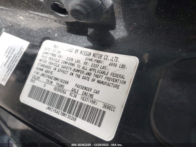 2008 INFINITI G37 JOURNEY VIN: JNKCV64E78M130268