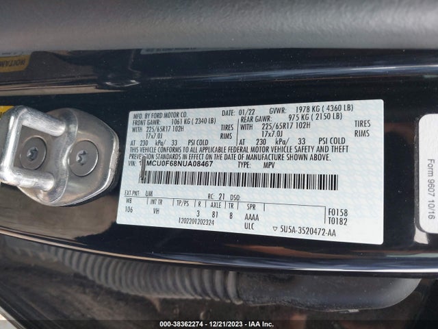 2022 FORD ESCAPE S VIN: 1FMCU0F68NUA08467