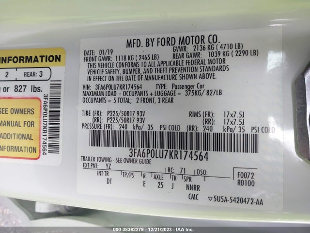 Ford Fusion Hybrid Se 2019 3FA6P0LU7KR174564 Image 9