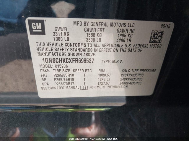 Chevrolet Suburban 1500 Ls 2015 1GNSCHKCXFR698537 Image 9