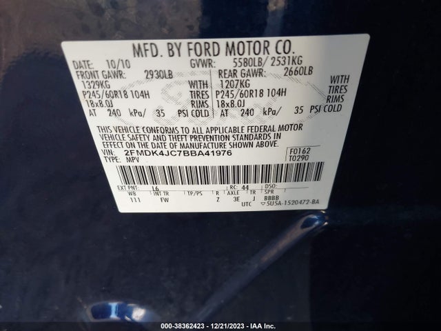 2011 FORD EDGE SEL VIN: 2FMDK4JC7BBA41976