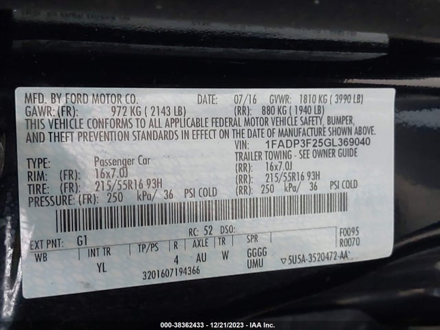2016 FORD FOCUS SE VIN: 1FADP3F25GL369040
