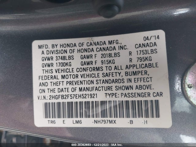 Honda Civic Lx 2014 2HGFB2F57EH521921 Image 9