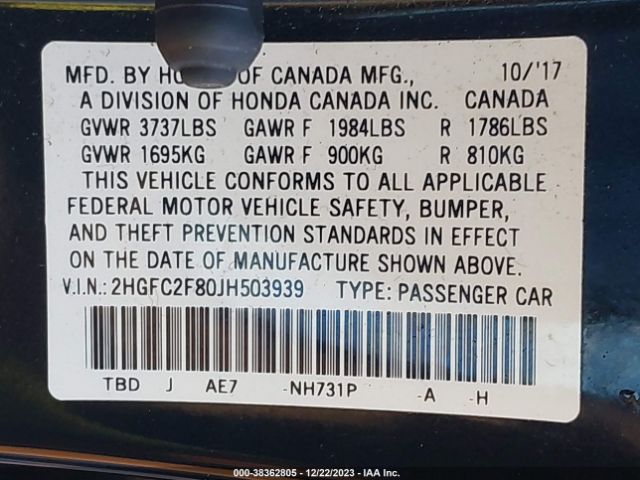 2HGFC2F80JH503939 Honda CIVIC EX