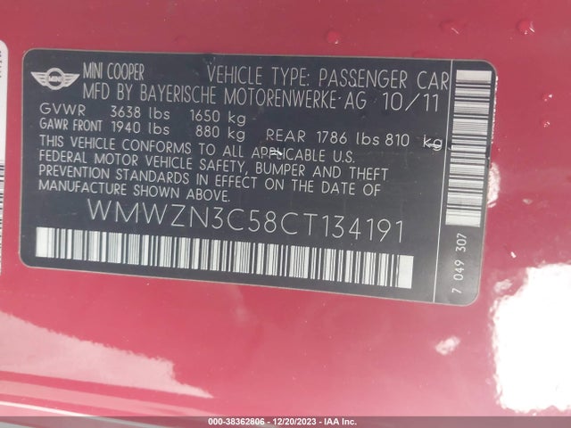 2012 MINI COOPER WMWZN3C58CT134191 Photo 8