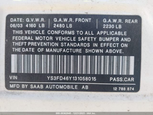 2003 SAAB 9-3 YS3FD46Y131058015 Photo 8