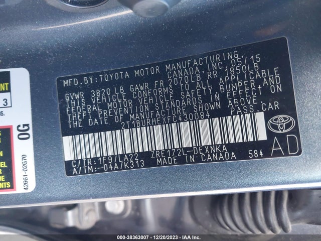 2015 TOYOTA COROLLA LE PREMIUM VIN: 2T1BURHEXFC430084