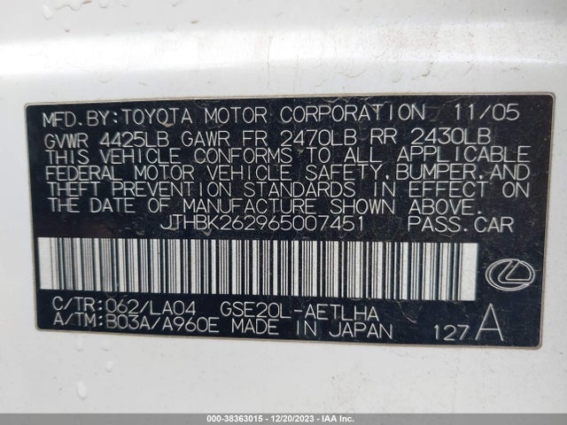 2006 LEXUS IS 250 VIN: JTHBK262965007451