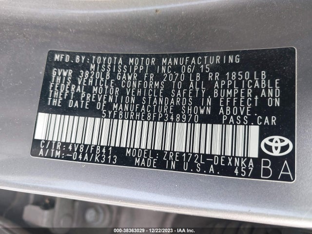 Toyota COROLLA LE 2015 5YFBURHE8FP348970 Image 9