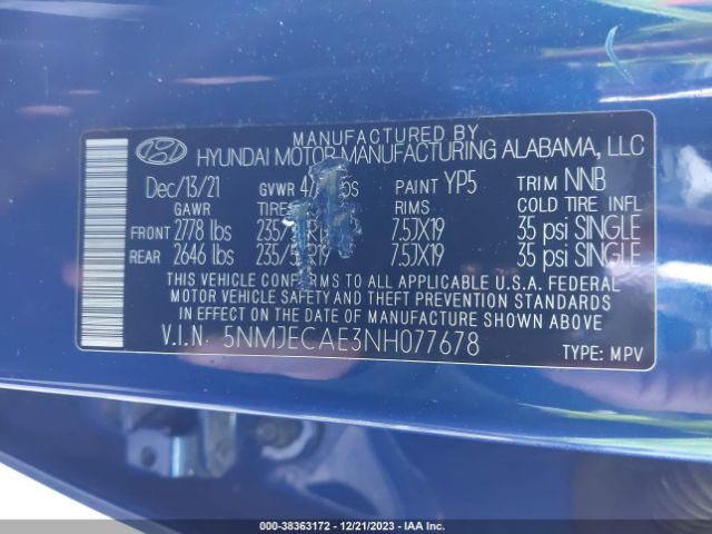 5NMJECAE3NH077678 Hyundai Tucson Limited