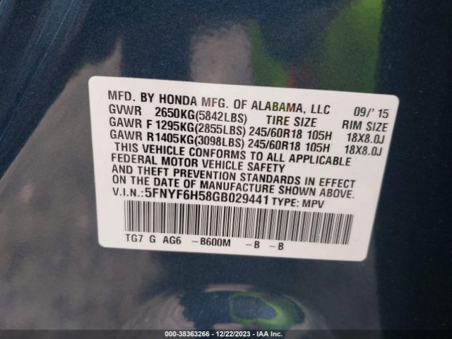 5FNYF6H58GB029441 Honda Pilot Ex-l